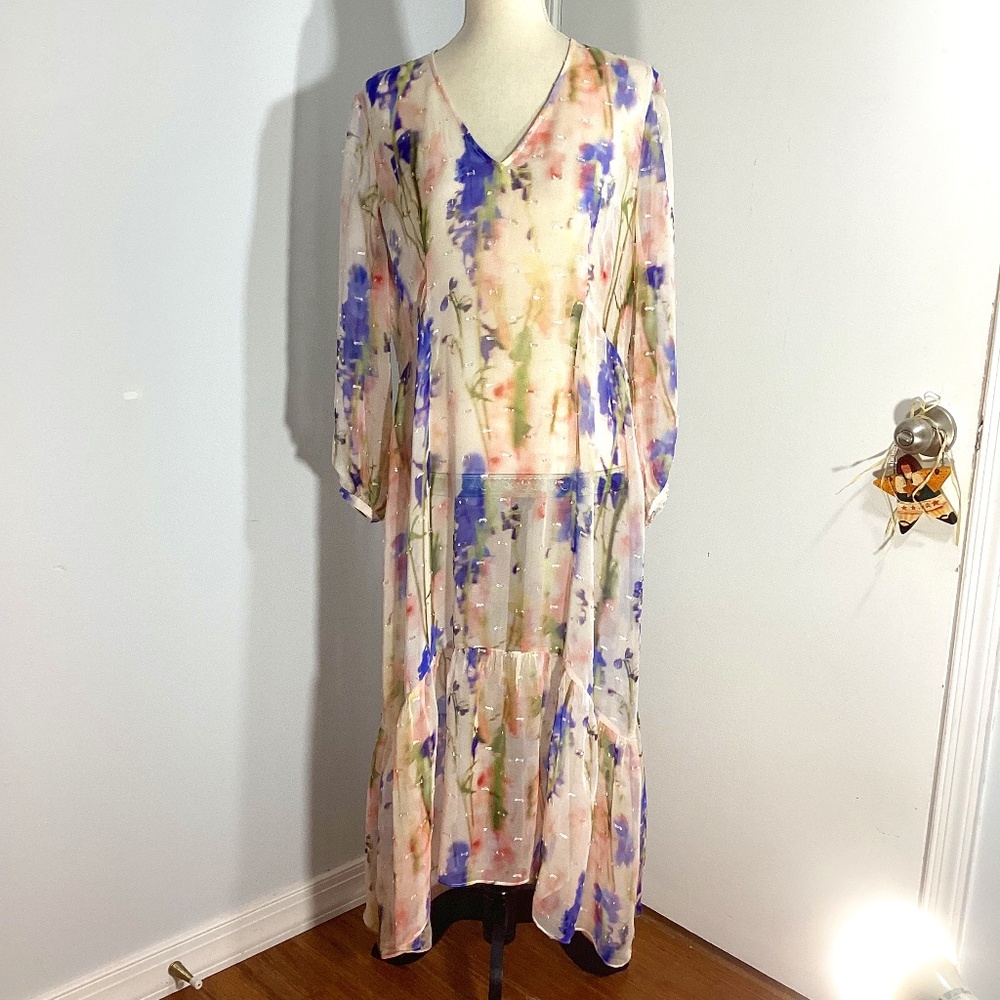 CLUB MONACO WOMAN XL A-LINE CHFFON DRESS SWISS DOTS PASTEL COLORS FEMININE